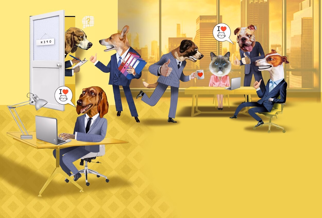 Dogs (males) and cat (female) at work