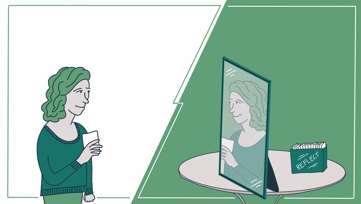 A woman on the left looking into a mirror on the right that has a box with cards behind it that says “Reflect”. 