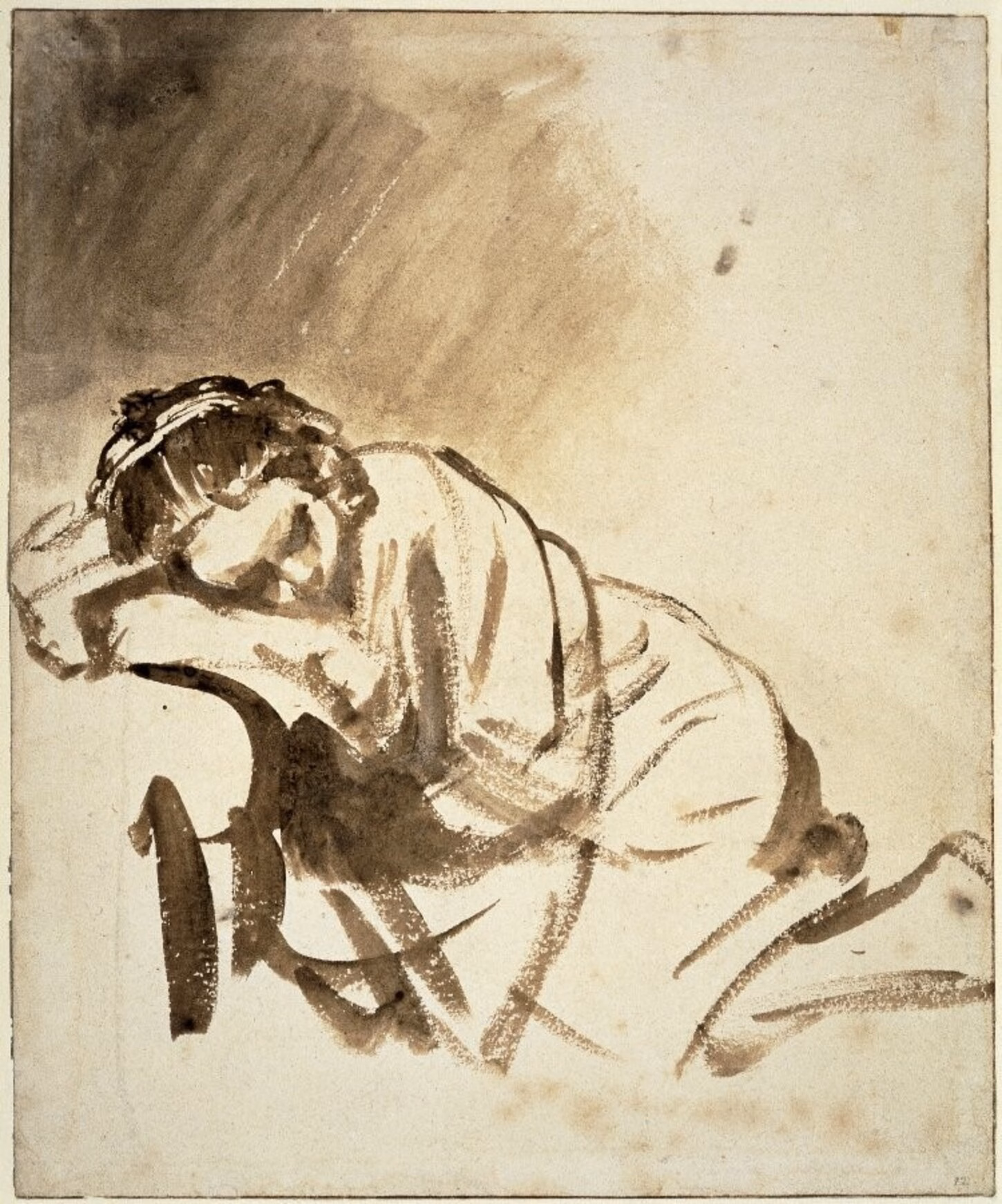 dDrawing from ink depicting a woman that is leaning and sleeping against a platform