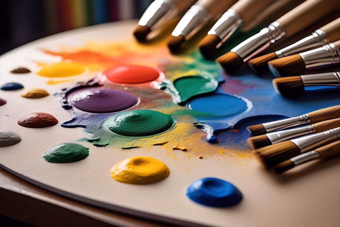 Pallet with paint and paint brushes