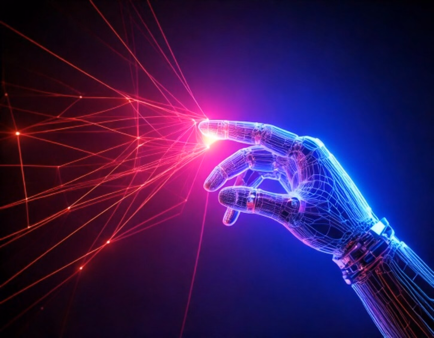 Firefly a picture of a robotic hand touching a node in a network of lights