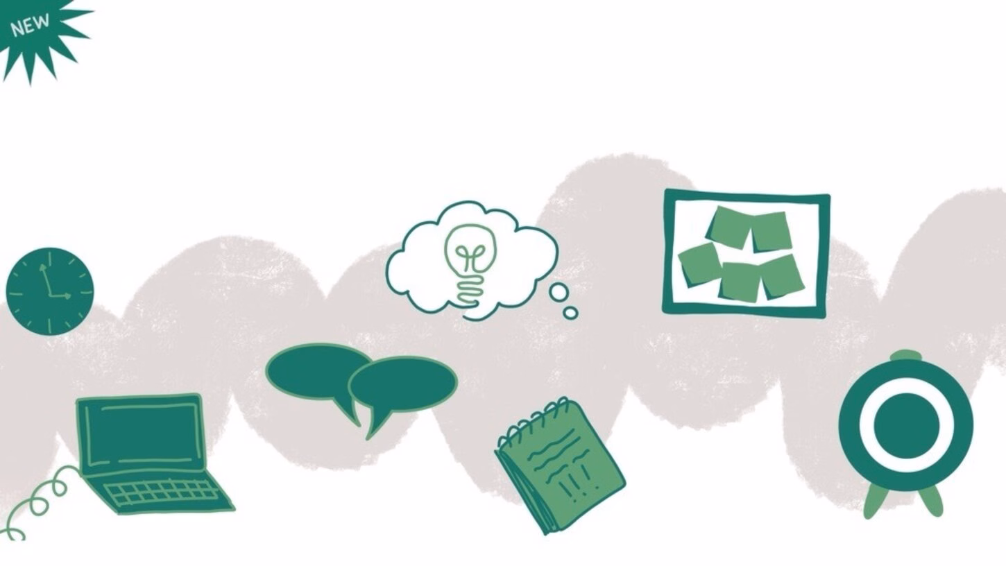 "Icons of a clock, laptop, speech bubbles, idea, notes, and a target, and a "new" sticker on the top left corner.