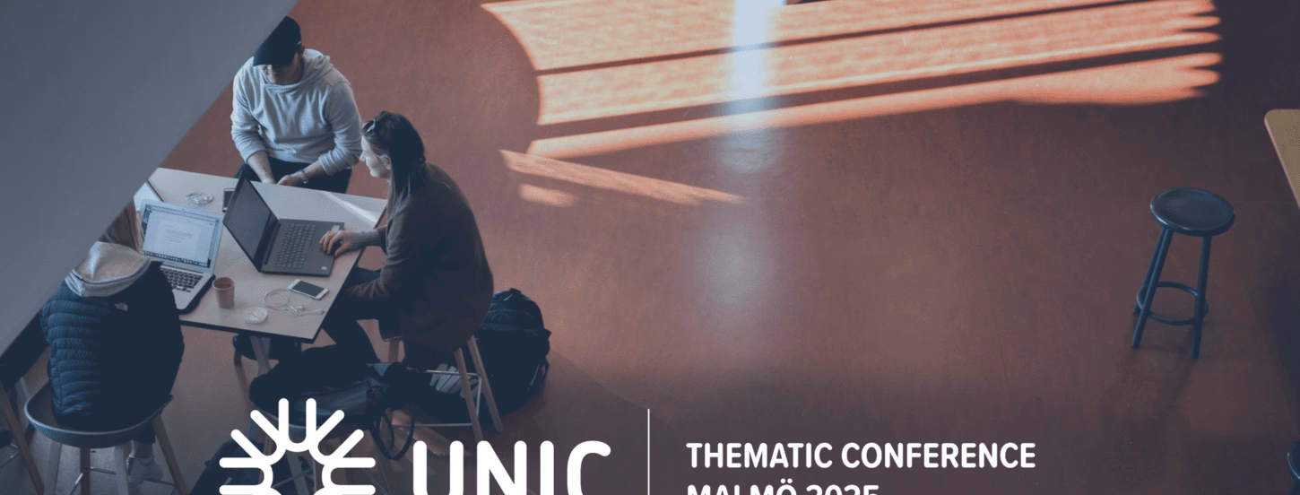A view of the Malmo University library with the text "UNIC Thematic Conference Malmo 2025"
