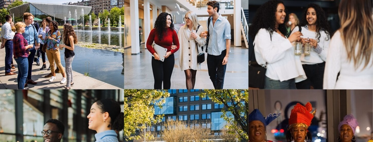 A collage of six photos that represent a diverse group of students and staff of EUR