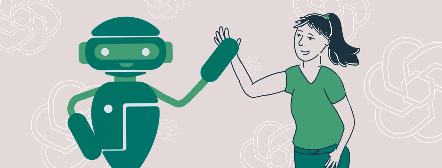 On the left a robot that is high fiving with a woman on the right. 
