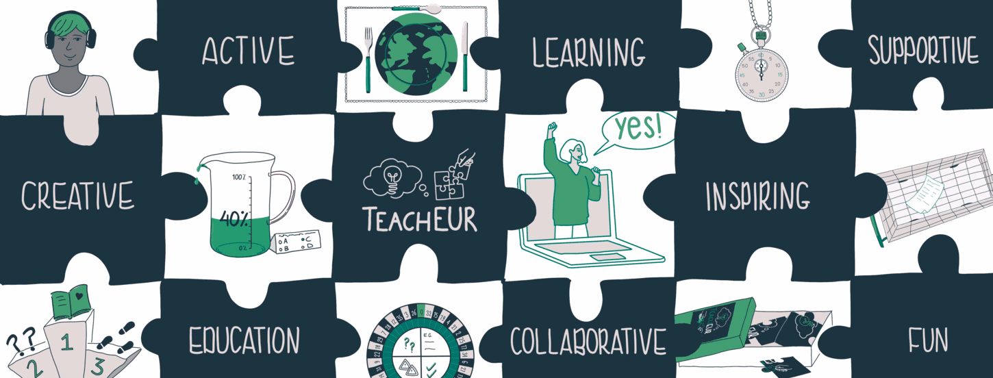 Illustration of puzzle pieces containing the TeachEUR logo, drawings of teaching activities and words that represent key themes of TeachEUR, including Active, Learning, Supportive, Creative, Education, Collaborative, Inspiring, and Fun.