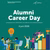 Alumni career day visual with date + cartoon of students at table and climbing stairs
