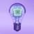 Translucent light bulb with glowing brain and AI chip floating inside on purple backdrop