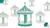 Seamless graphic pattern of green-and-beige carousels and a gift box on white background