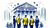 Drawing of five bankers, three of them wearing yellow coats, a visual of the finance for the future project