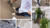 Feet and printed maps on pavement, wood deck detail, white house entrance with potted plants