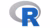 Graphic of R programming language logo: a bold blue “R” over a grey oval swirl.
