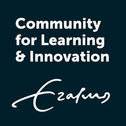 White 'Community for Learning & Innovation' text above stylized 'Erasmus' on dark green graphic